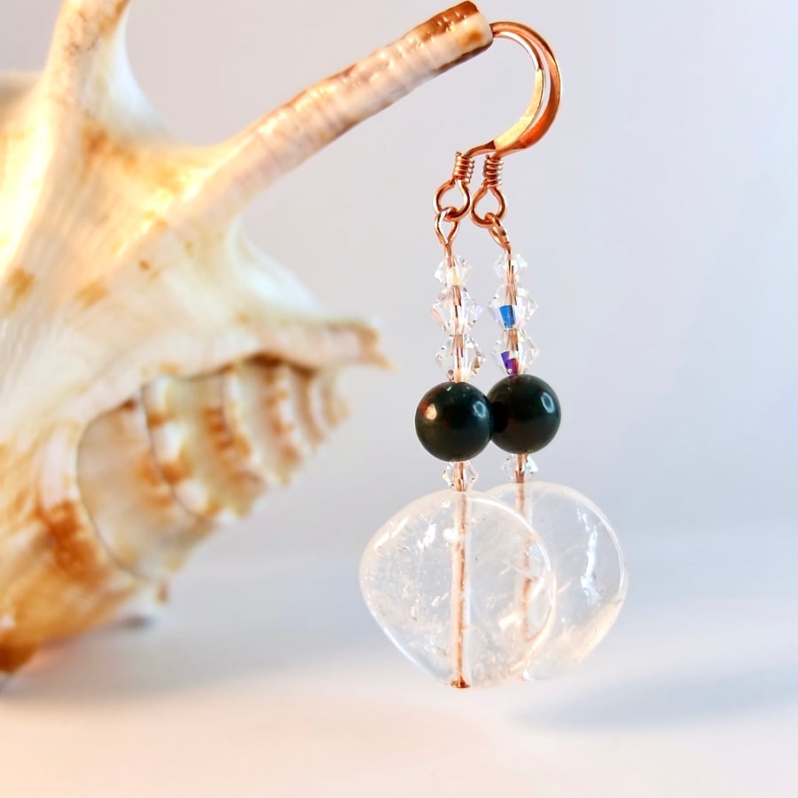 Rock Crystal And Bloodstone Earrings - April Birthstones - Handmade In Devon