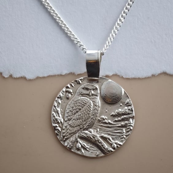 Snowy Owl Coin Necklace Deep Engraved Recycled Sterling Silver Christmas Gift