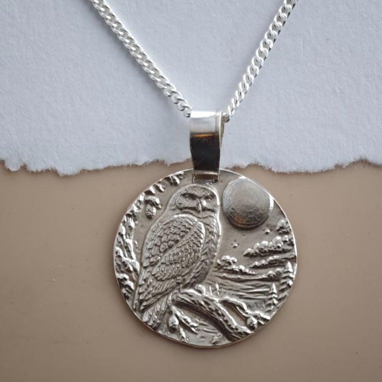 Snowy Owl Coin Necklace Deep Engraved Recycled Sterling Silver Christmas Gift
