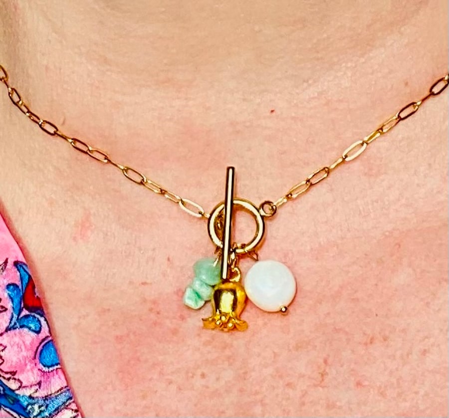 Woodland Gold flower, Baroque pearl & aventurine gemstone necklace - WG.C.N.01