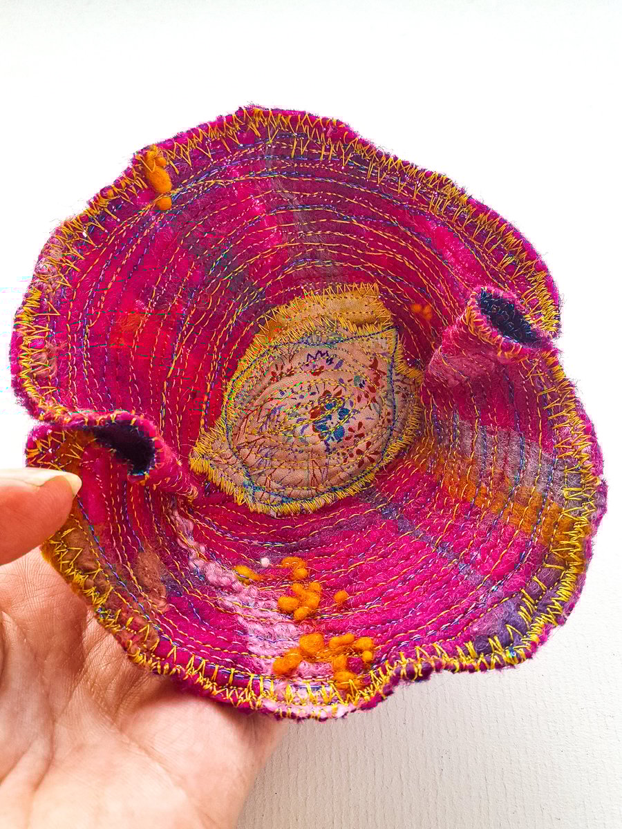 Vibrant Flower TRINKET DISH handmade in felt, fibre and stitch 