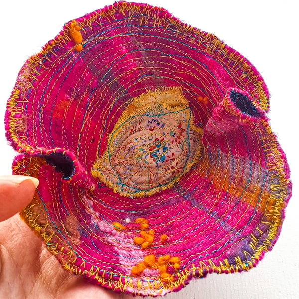 Vibrant Flower TRINKET DISH handmade in felt, fibre and stitch 