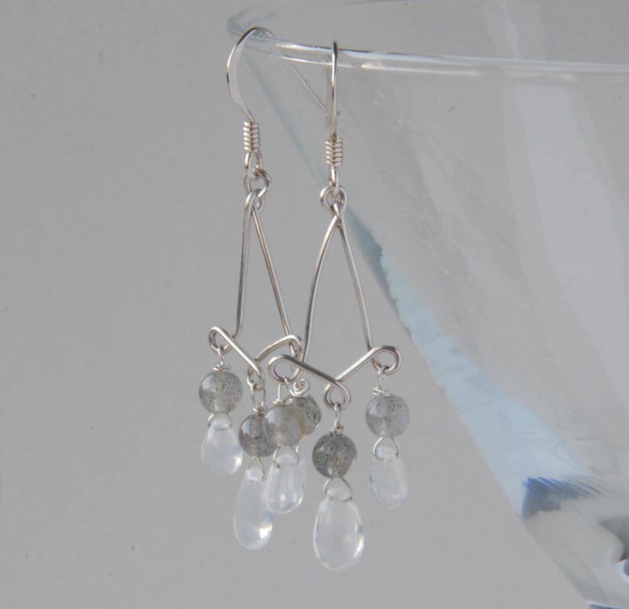White Moonstone and grey labradorite silver chandelier earrings