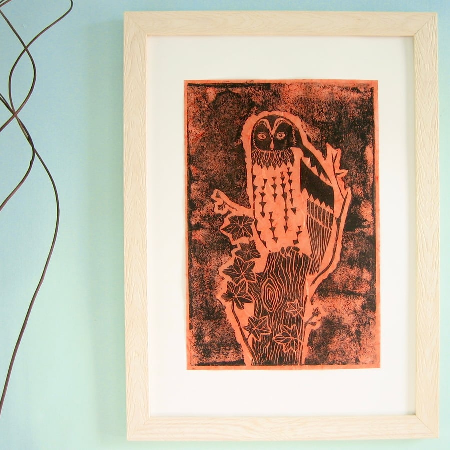 Black on Orange, Tawny Owl Print on Handmade Paper