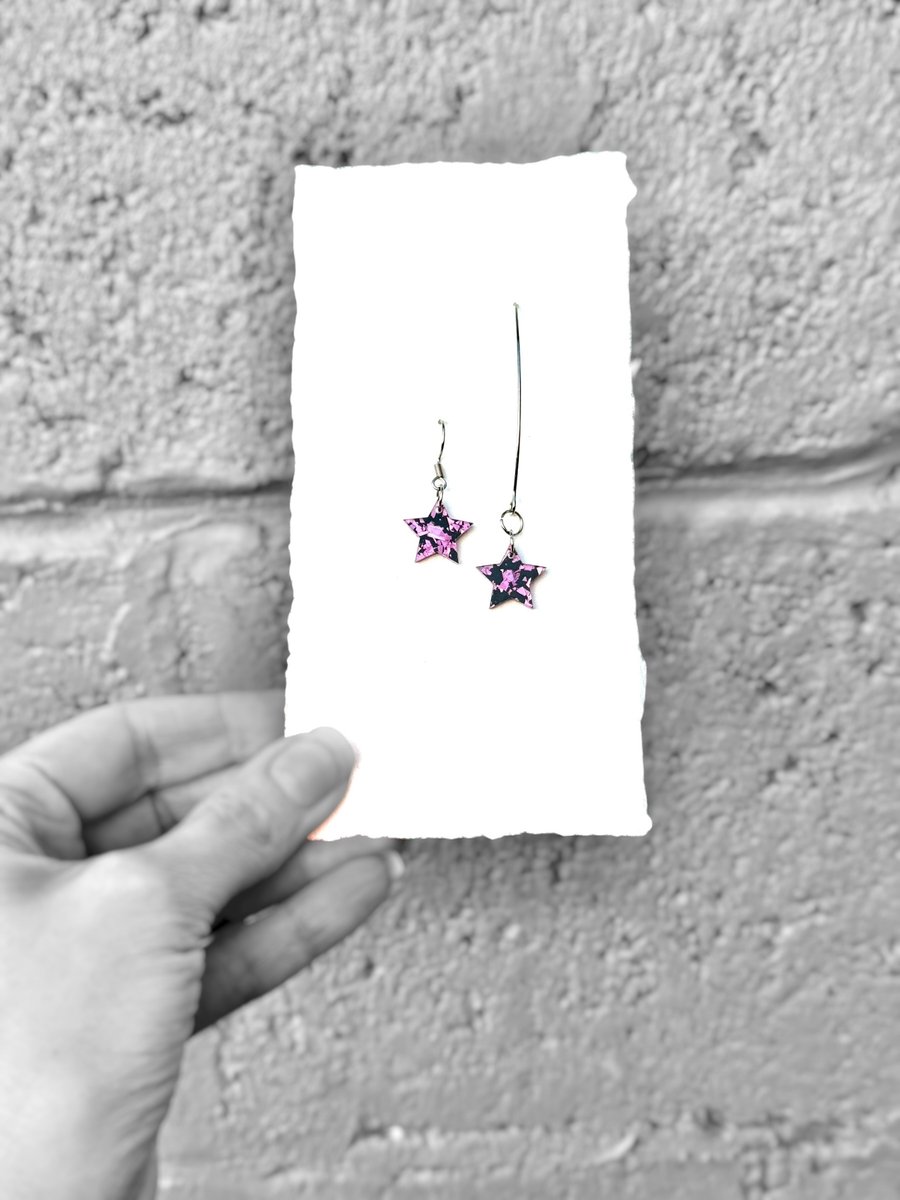 Dainty Pink and Black Star Earrings - Confetti Acrylic Dangles