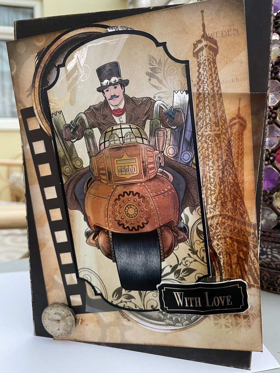 Bespoke Steampunk time traveller Mens birthday card
