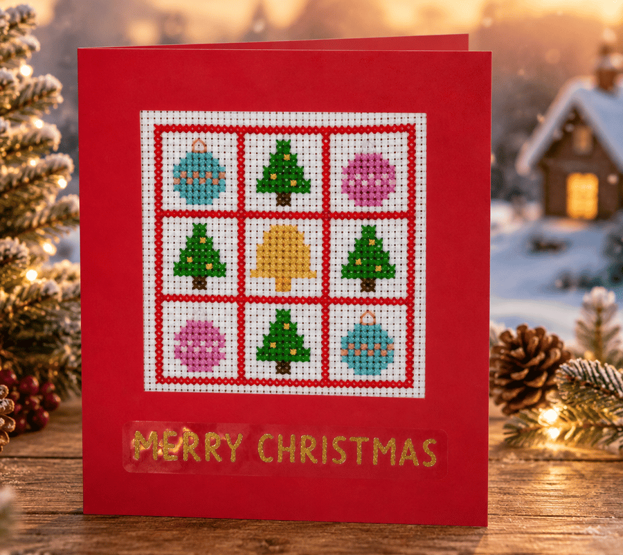Image of Handmade Cross Stitch Christmas Card – Trees, Baubles & Bell – 6 x 4 Inch