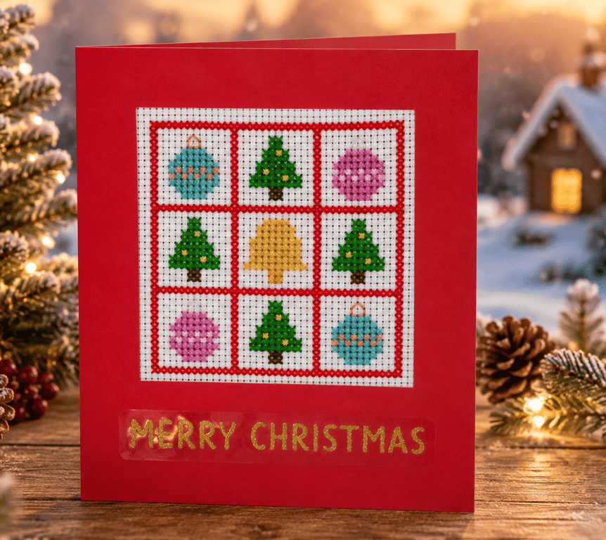 Handmade Cross Stitch Christmas Card – Trees, Baubles & Bell – 6 x 4 Inch