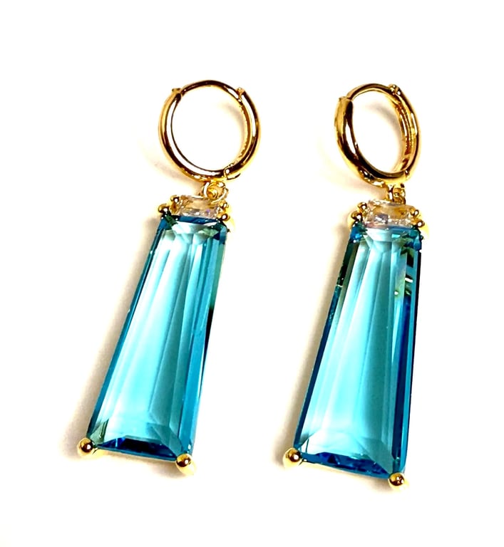 Long Aquamarine Crystal Earrings, Gold Blue Dangles