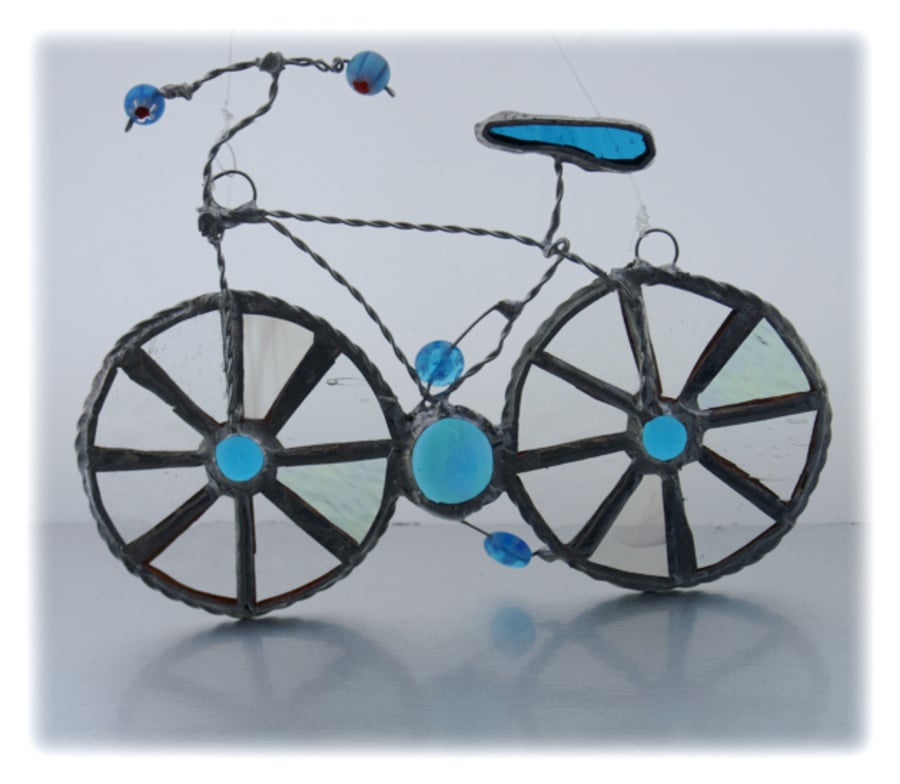Bicycle Suncatcher Turquoise Stained Glass Handmade 20