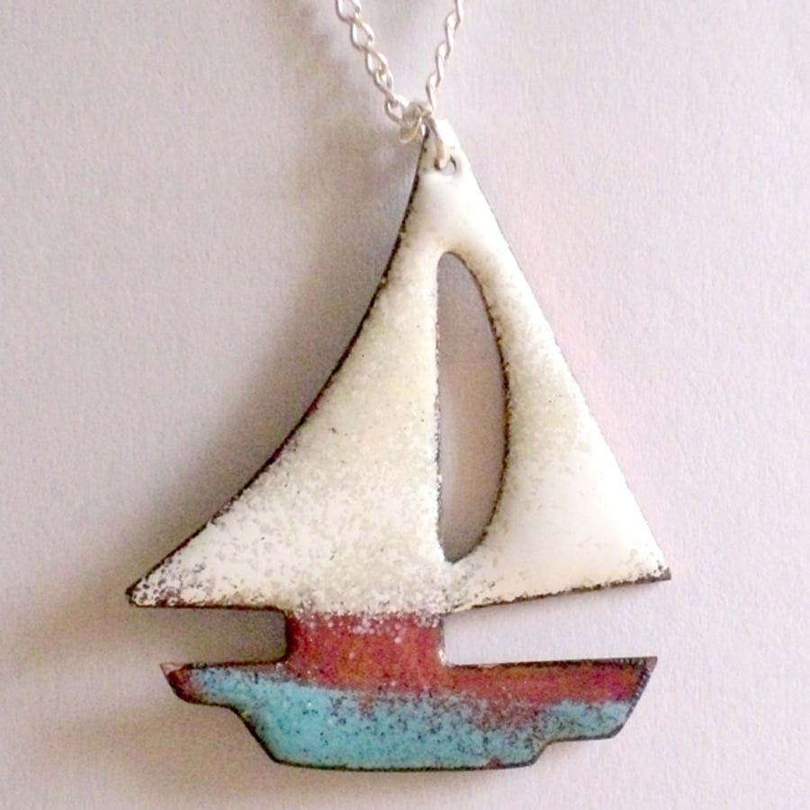 Enamel pendant - boat with turquoise hull and white sails