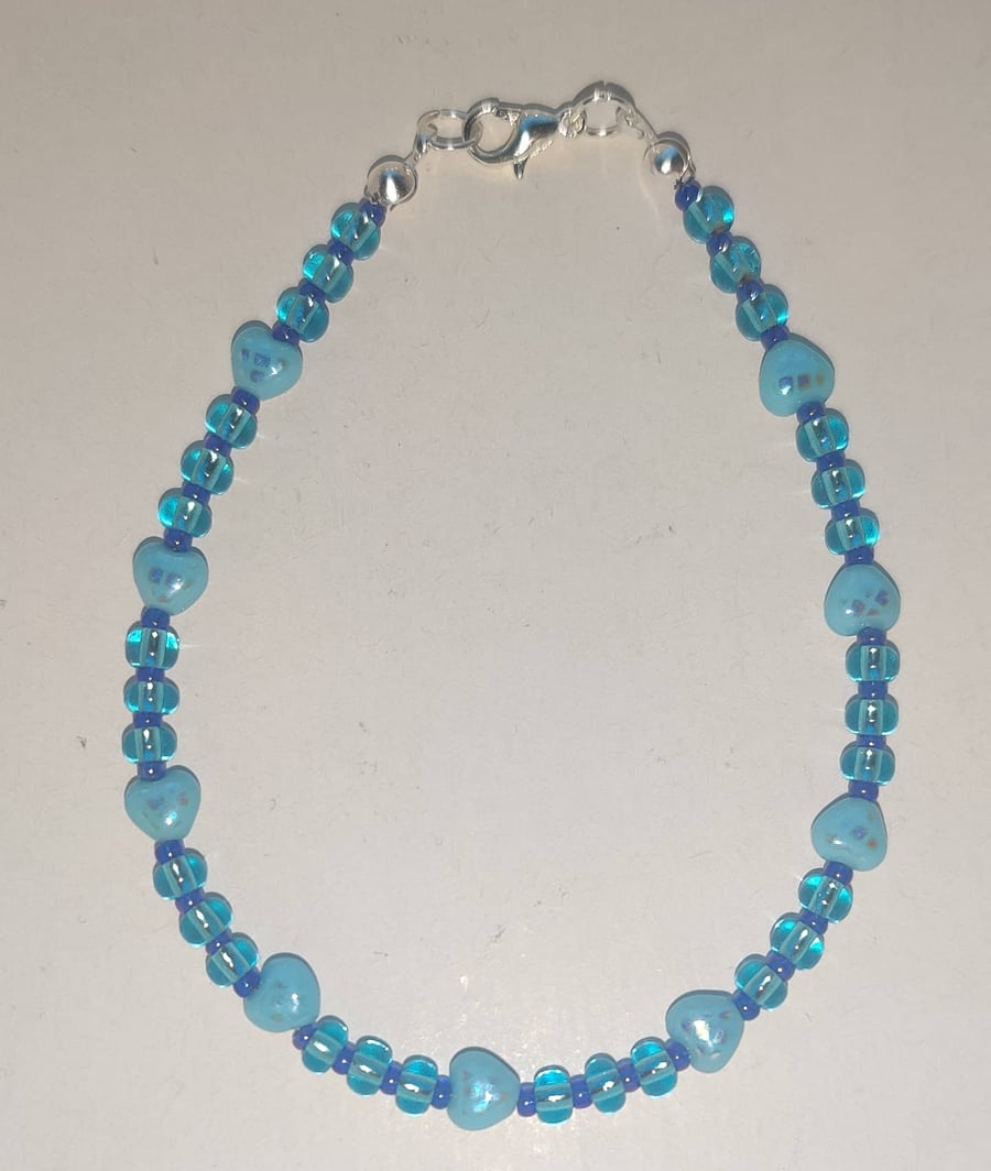  blue Czech glass heart bracelet