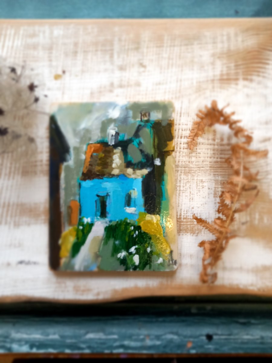 'The blue cottage' small painting on wood