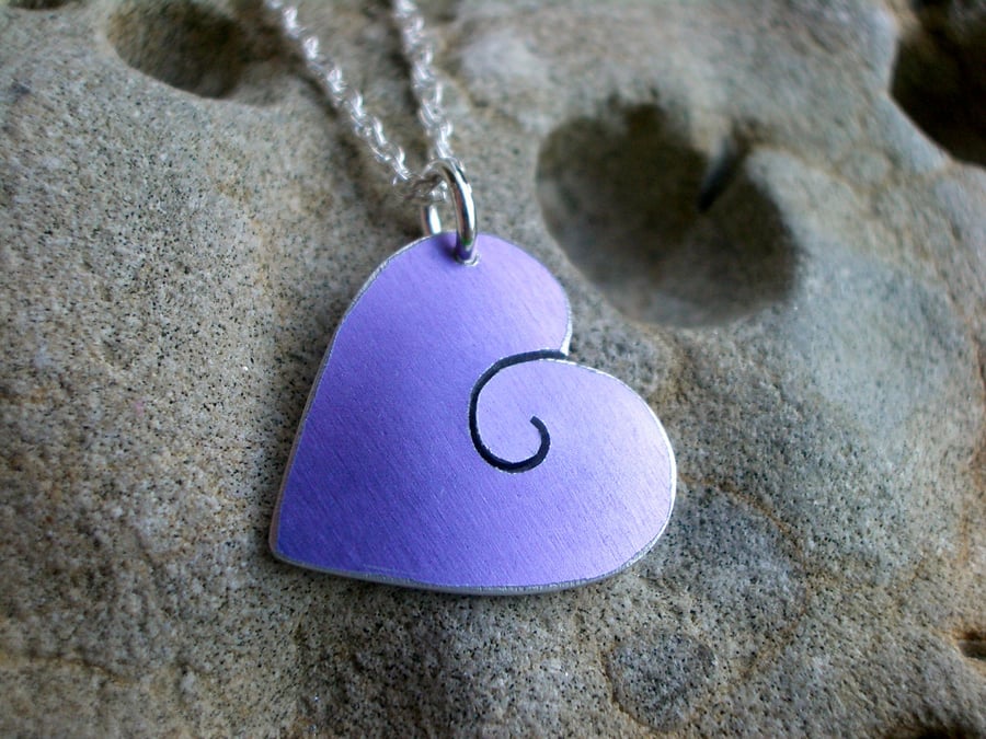 Heart pendant necklace with spiral in purple