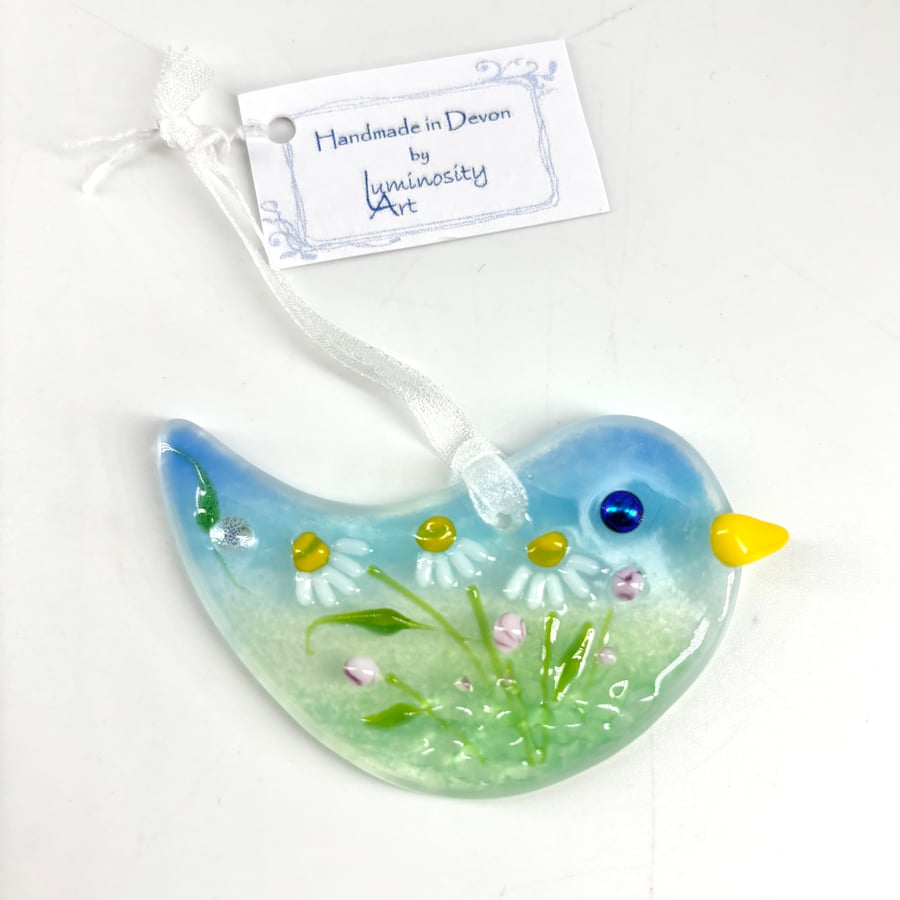 Hanging Glass Bird with Pretty Daisies 