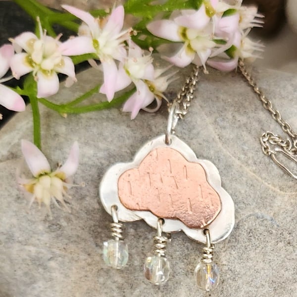 Cloud pendant in sterling silver and copper with crystal raindrops