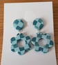 Retro Styled Stud and Drop Blue Gingham Check Flower Shaped Earrings - Image 4