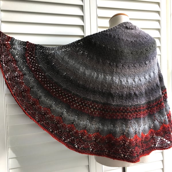 Hand knitted Lace Shawl in greys and reds