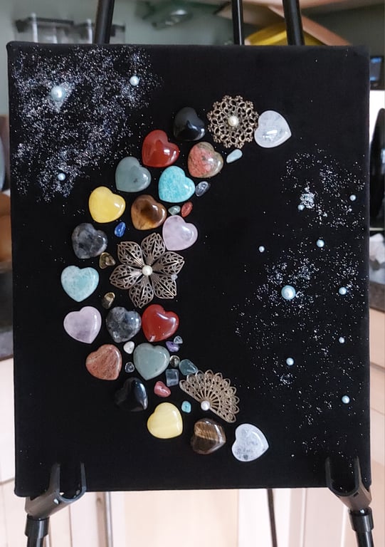Celestial Crescent Moon Gemstone Art on Velvet – Handmade Galaxy Wall Decor