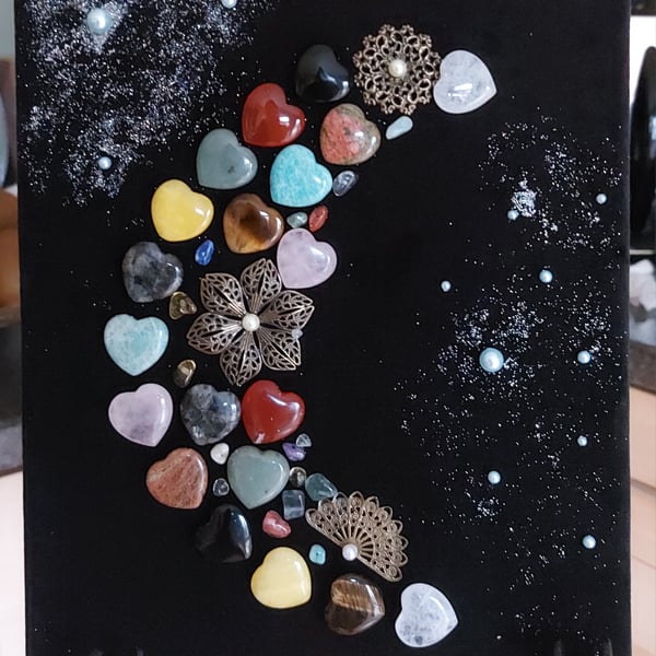 Celestial Crescent Moon Gemstone Art on Velvet – Handmade Galaxy Wall Decor