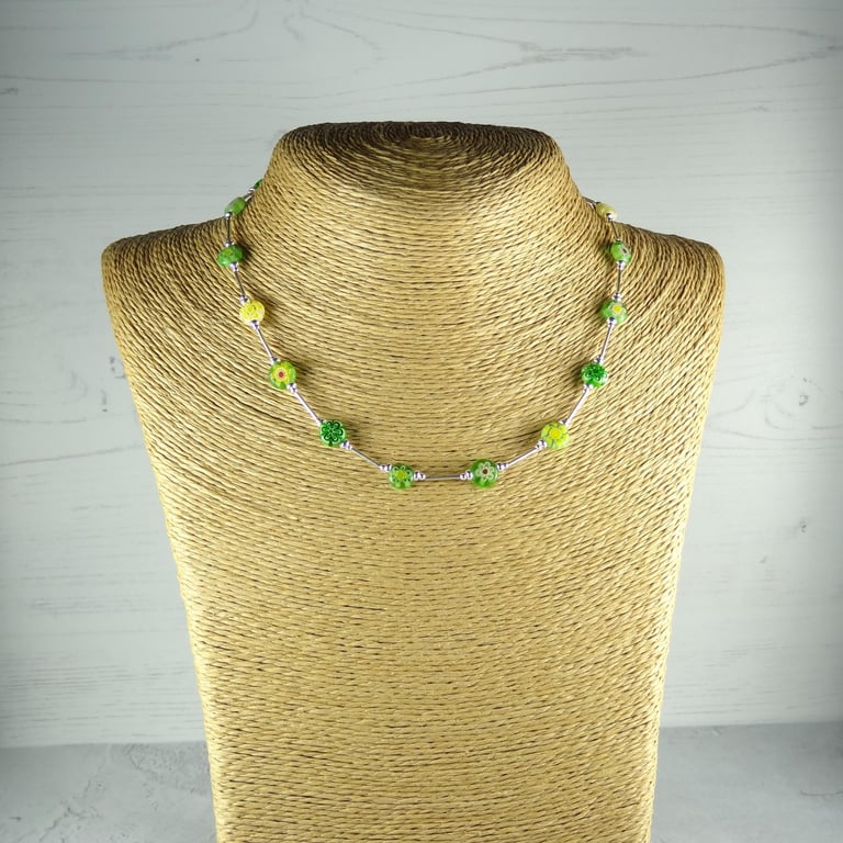 Green yellow Millefiori-style glass beaded necklace, sterling silver 16.5 inches