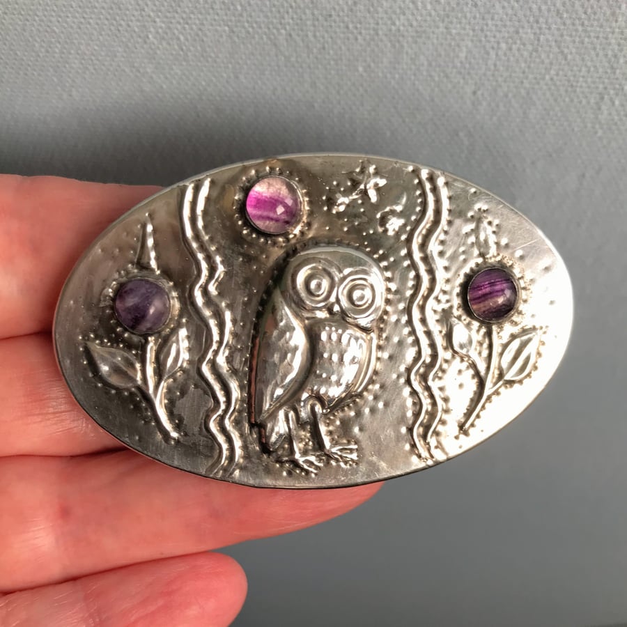 Owl Brooch in Silver Pewter with Purple Gemstones