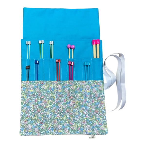 Liberty floral print Straight knitting needle case, needle roll, ribbon tie 