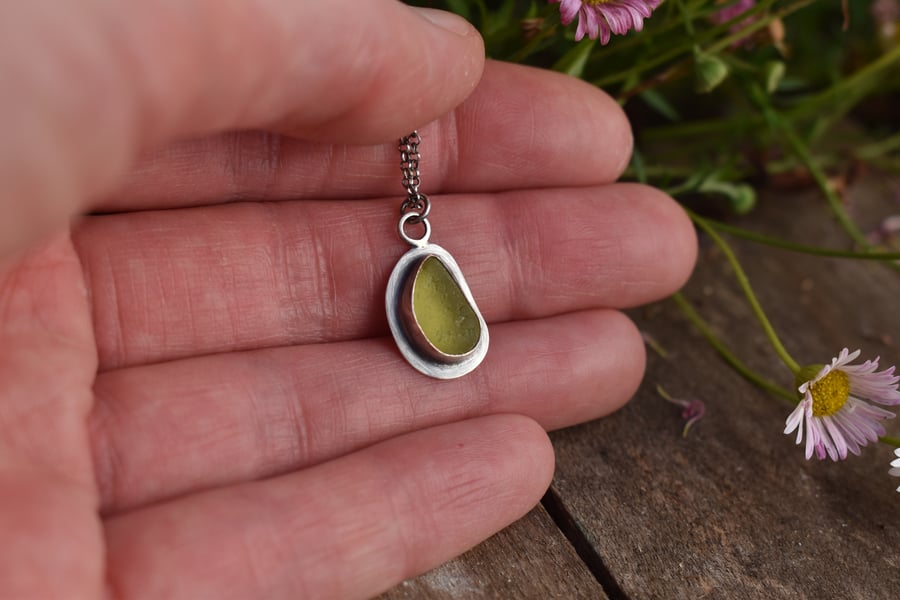 Sea Glass and Recycled Silver Teardrop Necklace, Rare Yellow Scottish Sea Glass