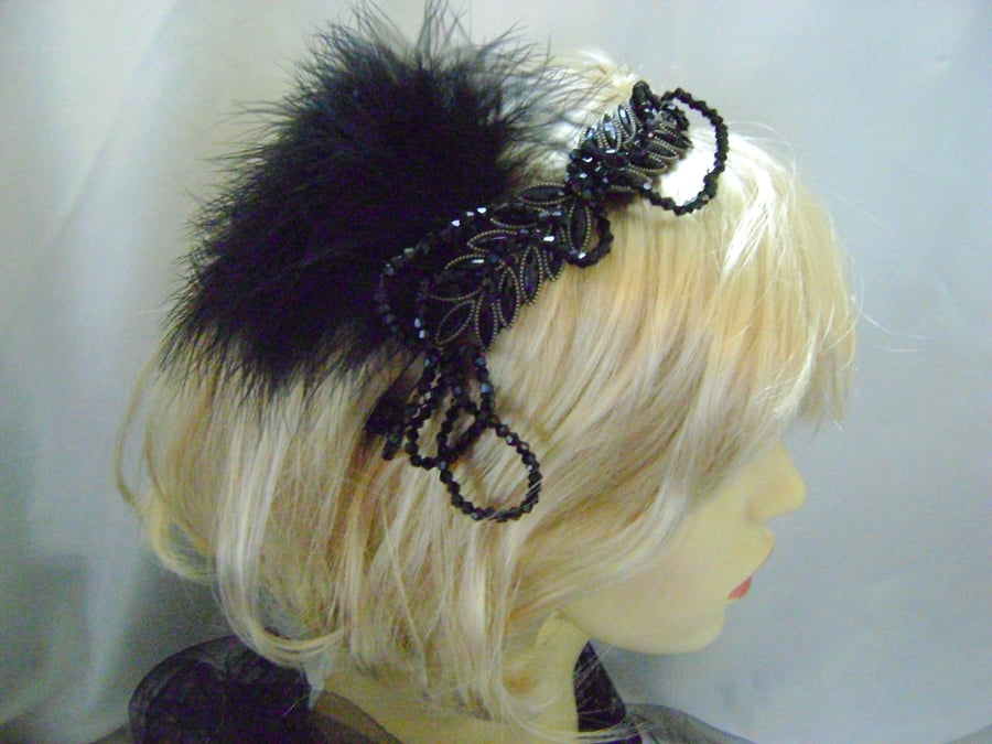 Deco - Black Crystal & Feather Headband