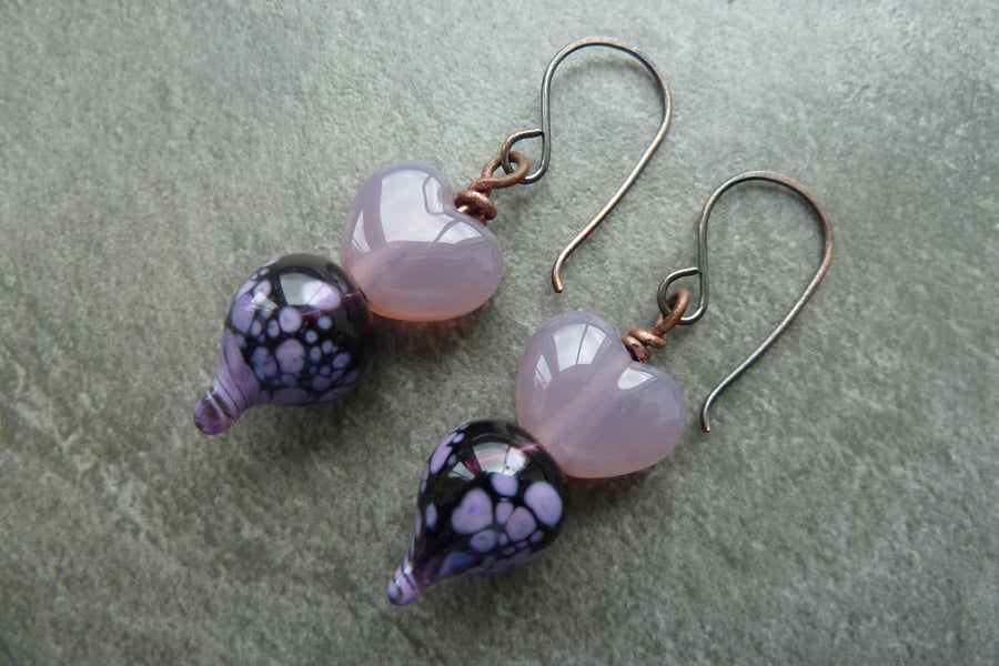 purple lampwork, copper earrings