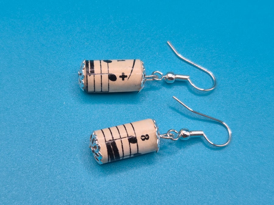 Small music notes dangling paper beaded earrings