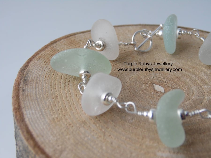 Cornish Sea Glass Bracelet in Seafoam & White, Sterling Silver B239
