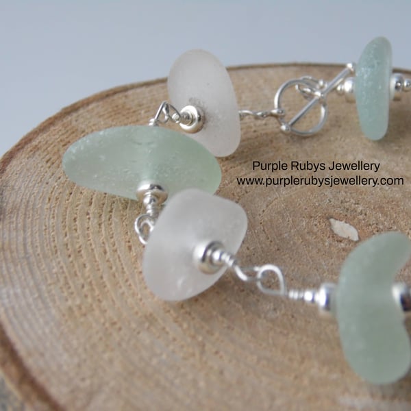 Cornish Sea Glass Bracelet in Seafoam & White, Sterling Silver B239