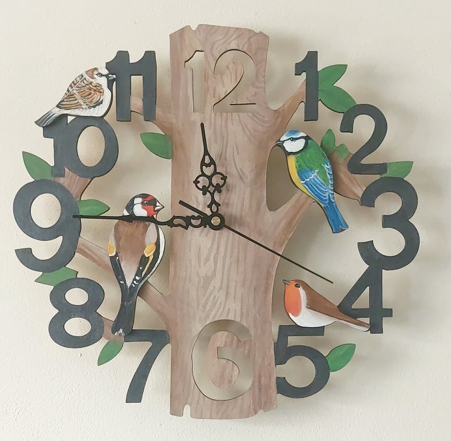 Handpainted wooden garden bird wall clock
