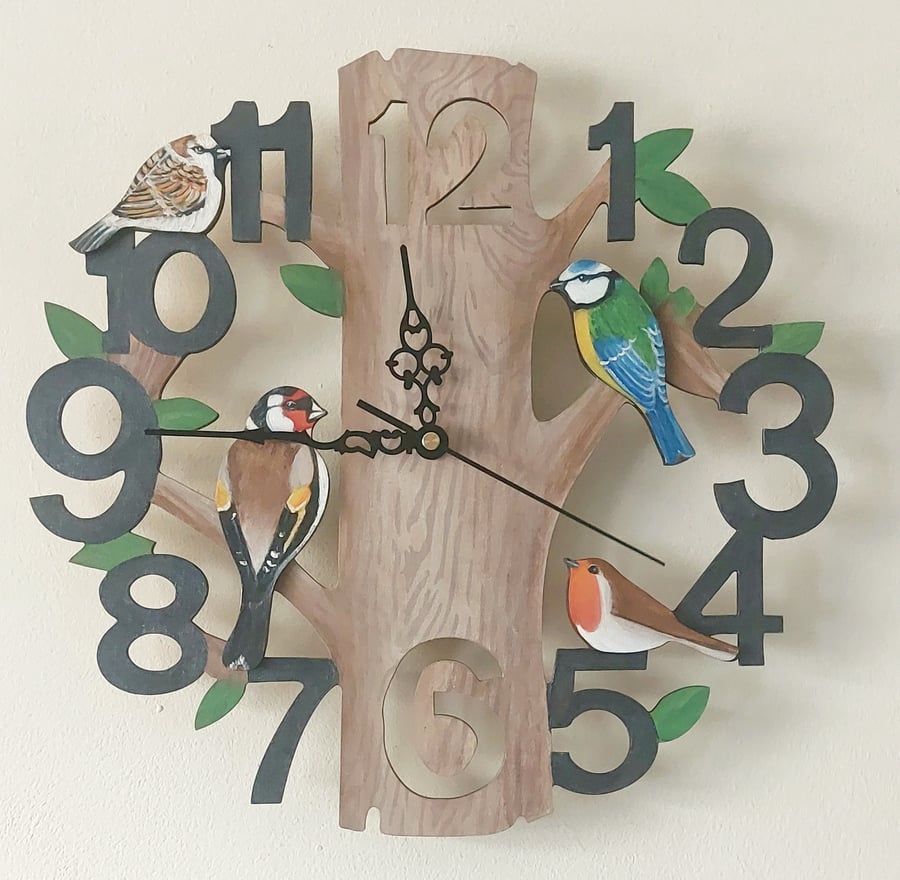 Handpainted wooden silent garden bird wall clock