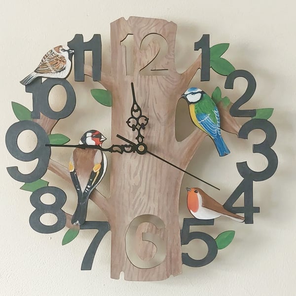Handpainted wooden silent garden bird wall clock
