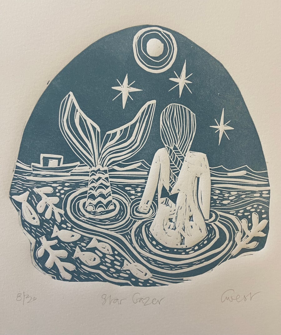 Star Gazer, mermaid, lino print