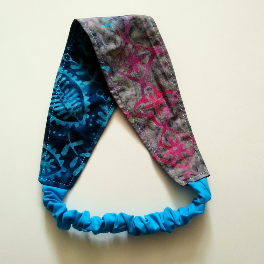 Grey and Blue Leaves Batik Reversible Headband