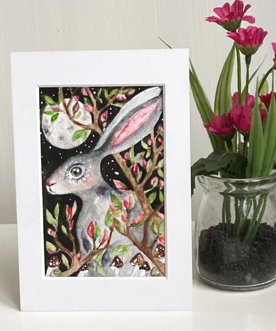 Original Hare Rabbit in Moonlight  Watercolour 