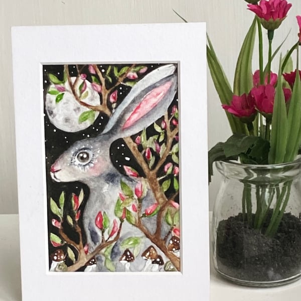 Original Hare Rabbit in Moonlight  Watercolour 