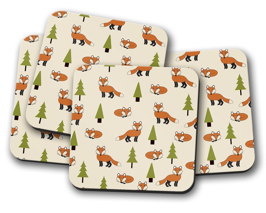Set of 4 Cream Coasters with Foxes