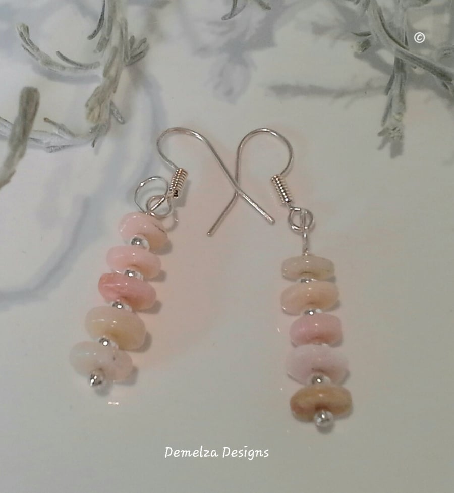 Pink  AA Grade Opal Irregular Disc Cut Sterling Silver  Earrings