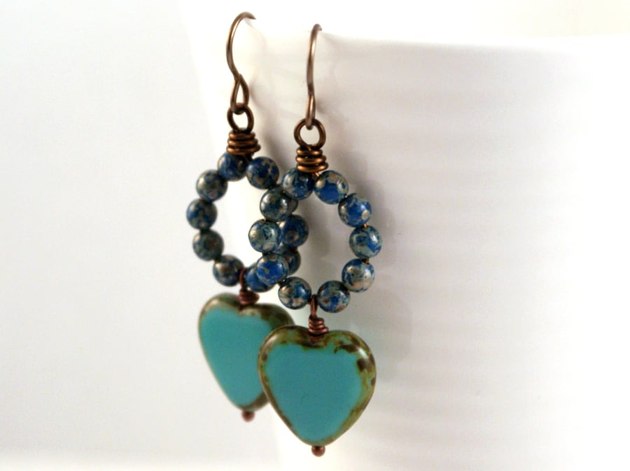 Turquoise Czech Glass Heart Earrings
