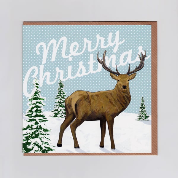 Merry Christmas Card with Stag Illustrated Design