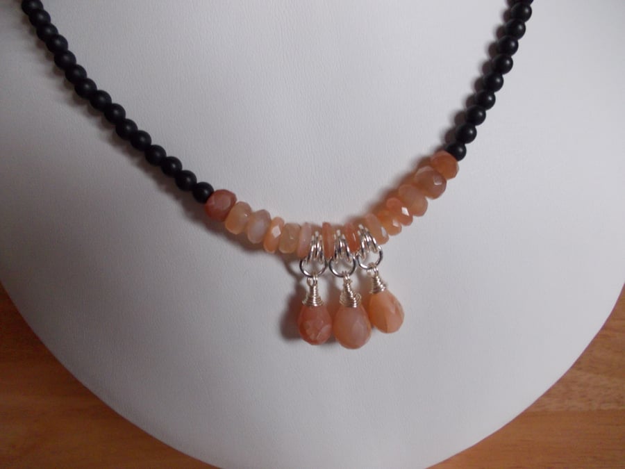 peach moonstone and frosted black agate necklace
