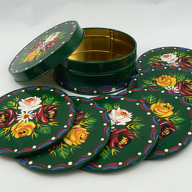 6 barge art coasters in a tin