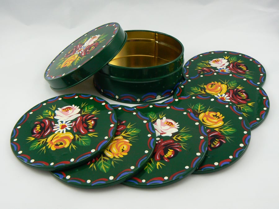 6 barge art coasters in a tin