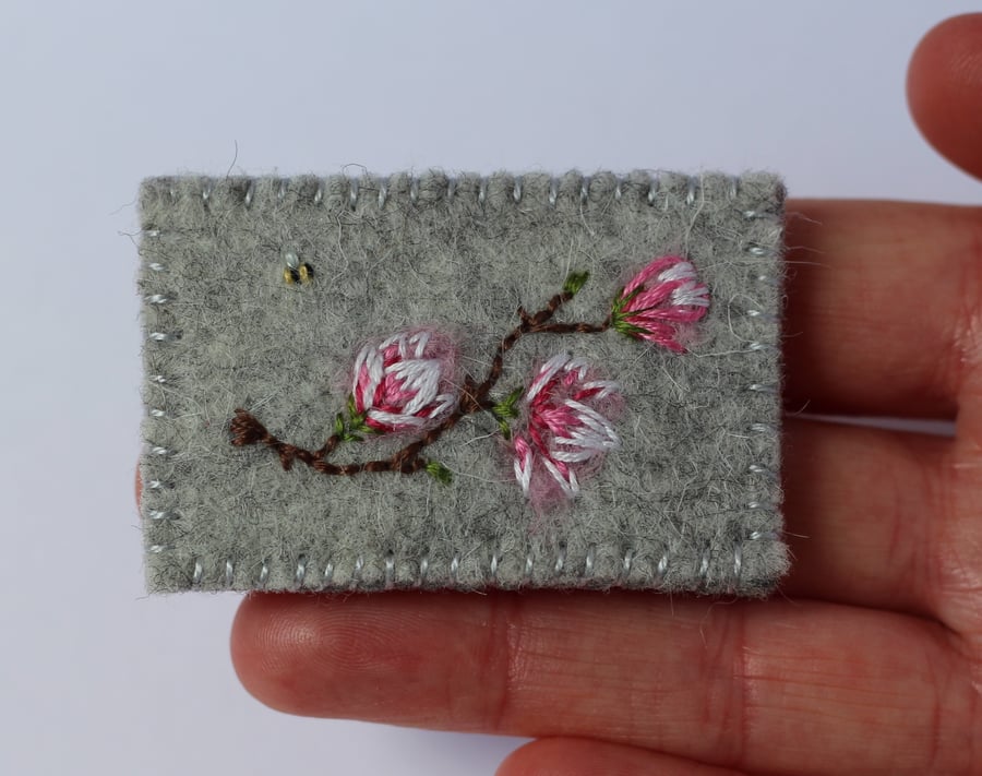 Magnolia Blossom and Bee Felt and Stitched Textile Brooch