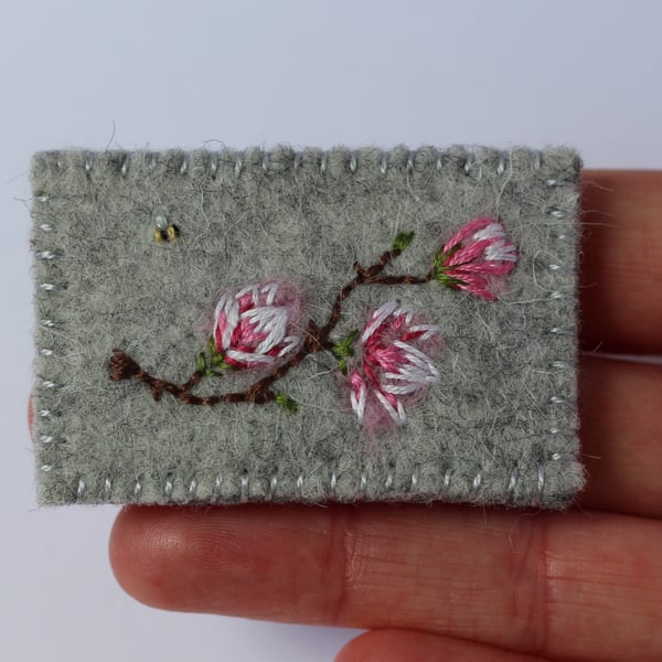 Magnolia Blossom and Bee Felt and Stitched Textile Brooch