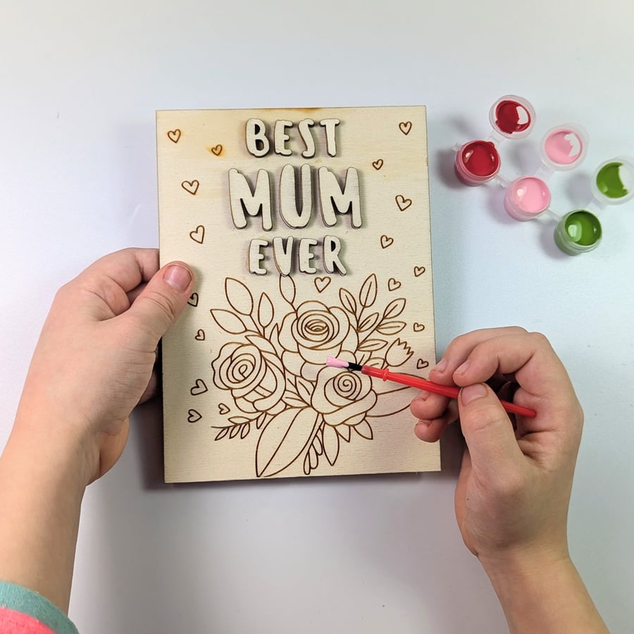 Mother's Day card wood with paint and brush, best mum ever paint your own